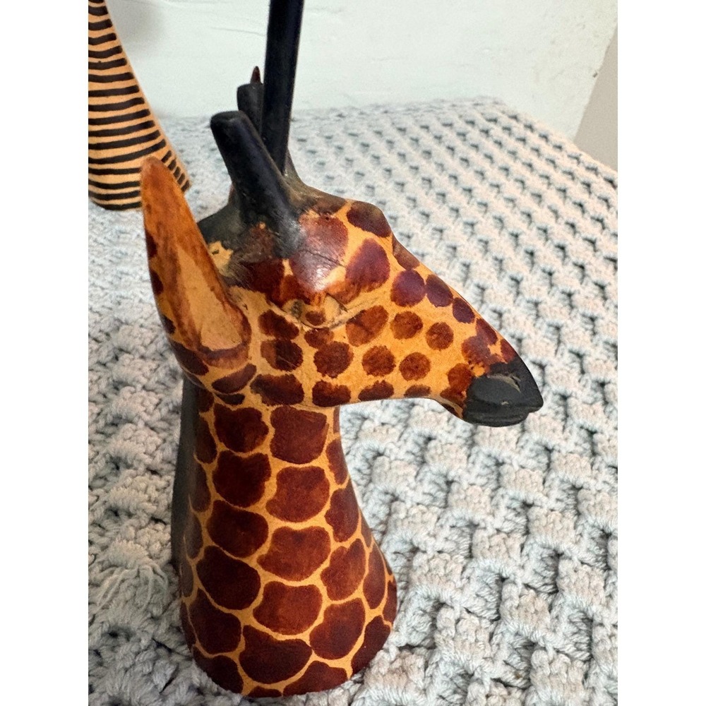 Hand Carved Wood Zebra Giraffe Candle Holder Set Made in Kenya African Folk Art - Picture 7 of 16